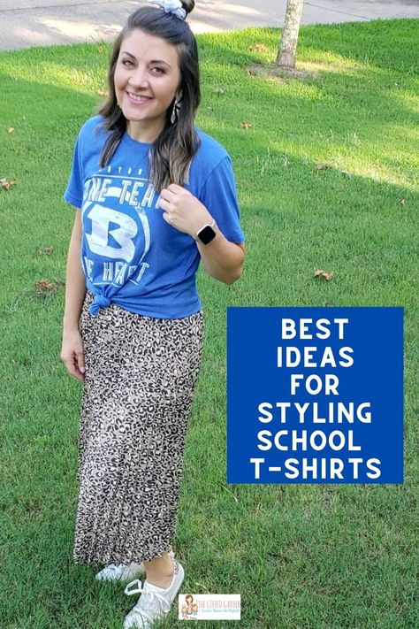 Whether you are a preschool, elementary, middle school, junior high or high school teacher, chances are you have some teacher t-shirts in your teaching wardrobe. Check out these 20 trendy teacher outfits for teacher t-shirts. These outfits, styled by three middle school teachers, will inspire you to elevate your school spirit style. Whether you prefer to look casual and cute, professional, or quirky with staff shirts, these fashion outfits will carry you through fall, winter, and spring! Teacher Outfit T Shirt, How To Wear Teacher Shirts, Cute Teacher Assistant Outfits, T Shirt Professional Outfit, Teacher Outfit For Hot Weather, Back To School Outfit Teacher, What Do Teachers Wear To School, How To Style A School Shirt, T Shirt Outfit Teacher