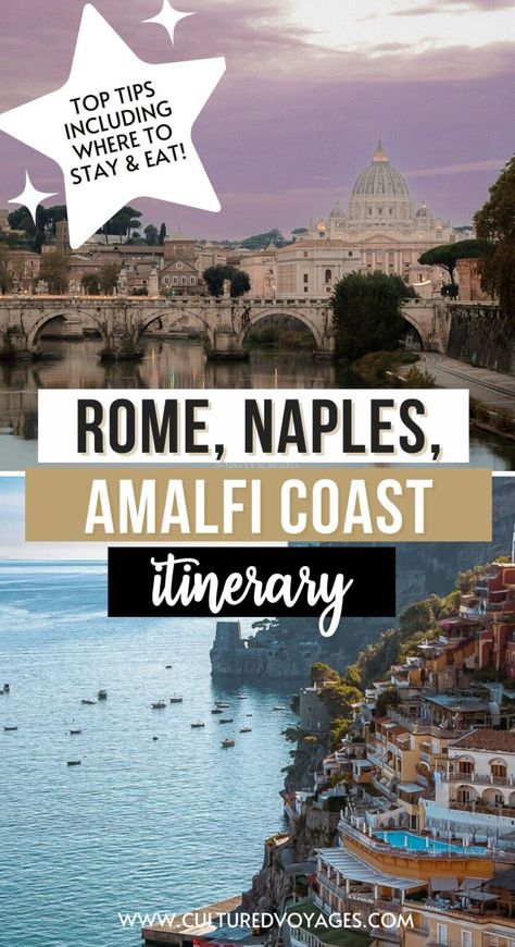 Looking for the perfect Rome-Naples-Amalfi Coast itinerary? In this travel guide from Cultured Voyages, discover all you need to know ahead of your romantic Italy vacation. From the ancient wonders of Rome, to the dazzling waters of the Amalfi Coast, discover what to do and see in Rome, Naples and the Amalfi Coast. This Italy travel itinerary also includes foodie tips and where to eat for each destination, ensuring that you have the most amazing trip to Italy! Almafi Coast Italy Itinerary, Amalfi Coast Itinerary 3 Days, Rome And Amalfi Coast Itinerary, Amalfi Coast Italy Itinerary, Naples Italy Itinerary, Rome To Amalfi Coast, Naples Itinerary, Almafi Coast Italy, Where To Eat In Rome