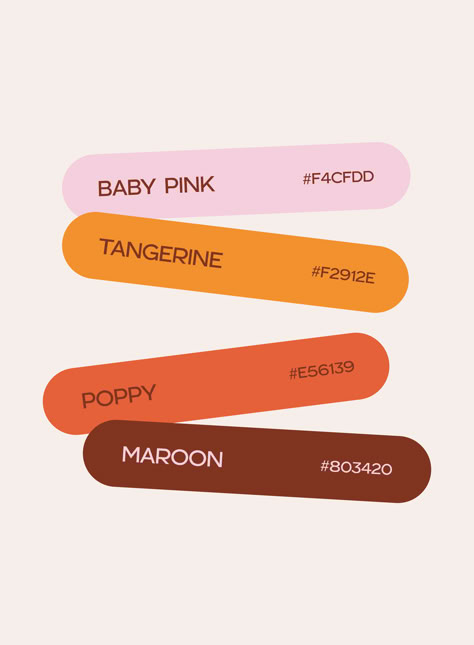 This Color Palette is tropical, bright & playful for all your color inspiration needs! Includes: a baby pink, bright tangerine orange, an intense poppy red & a dark maroon brown.  MAMA CHOW's is a fictional Chilli Oil brand. The vibe is fun, playful, bold (with bold typography) & expressive.  Sophinka Design Graphic Design & Branding Studio Branding Examples, Orange Pink Color, Chilli Oil, Identity Logo Design, Brand Identity Logo, Dark Maroon, Logo Design Art, Brand Color Palette, Poppy Red