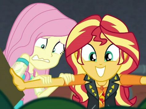 Fluttershy And Sunset Shimmer, Mlp Equestria, Mlp Equestria Girls, Sunset Shimmer, Fluttershy, Rainbow Dash, Equestria Girls, Batgirl, Ponies