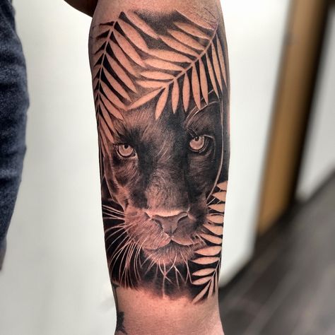 Black panther realism tattoo. Black and grey. Panther Sleeve Tattoo, Panther Leg Tattoo For Women, Black Panther Realism Tattoo, Black Panther Cover Up Tattoo, Half Panther Face Tattoo, Black Panther Animal Tattoo, Black Panther Eyes Tattoo, Panther Eyes Tattoo, Jungle Back Tattoo