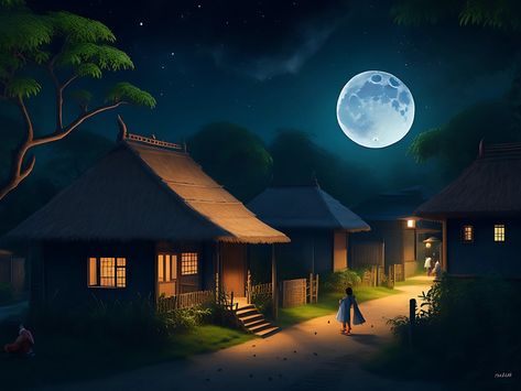 A Moon Night Village View Illustration#pikbest##Backgrounds Village Animation Background, Village Night View, Night Scene Painting, Night Village, Night Moon Images, Village Illustration, Beautiful Scenery Paintings, Buddha Wallpapers, Village Background