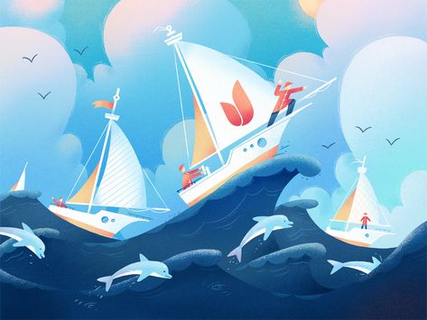 Catching the wave by Dzmitry Kazak for Fireart Studio on Dribbble Pirate Illustration, Wave Illustration, Kawaii Background, Directory Design, Beach Illustration, Book Illustration Art, Pretty Drawings, Design Jobs, Web Design Company