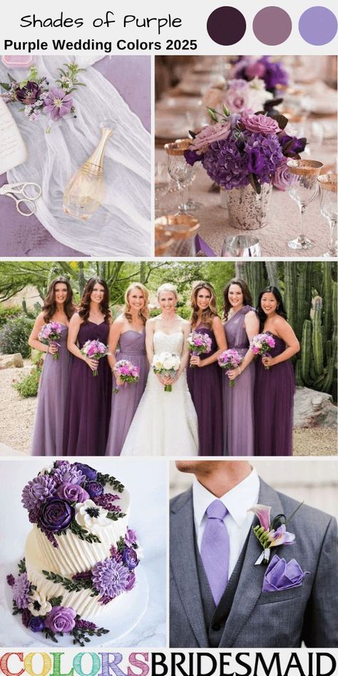 Shades of purple for purple wedding colors 2025, mismatched plum and lavender bridesmaid dresses, dark grey groom suit lavender tie and valerian flower boutonniere, plum, valerian and lavender reception centerpieces and wedding cake décor. #weddingcolors #weddingideas #purpleweddings #colsbm #2025 #bridesmaiddresses #plumwedding #lavenderwedding #plumandlavender Dark Grey Groom Suit, Lavender Reception, Wedding Colors 2025, Valerian Flower, Shades Of Purple Wedding, April Wedding Colors, Plum Wedding Colors, May Wedding Colors, Purple Wedding Colors