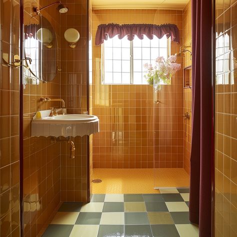 70s Style Bathroom, Bathroom 70s, Orange Tile Bathroom, Bauhaus House, 70’s Bathroom, Groovy Bathroom, Orange Vibe, 1970s Bathroom, 70s Bathroom