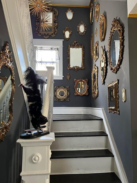 Whimsical Goth Interior, Bold Staircase, House Themes, Mirror Gallery, Wall Makeover, Mirror Gallery Wall, Moody Decor, Dark Home Decor, Stair Case