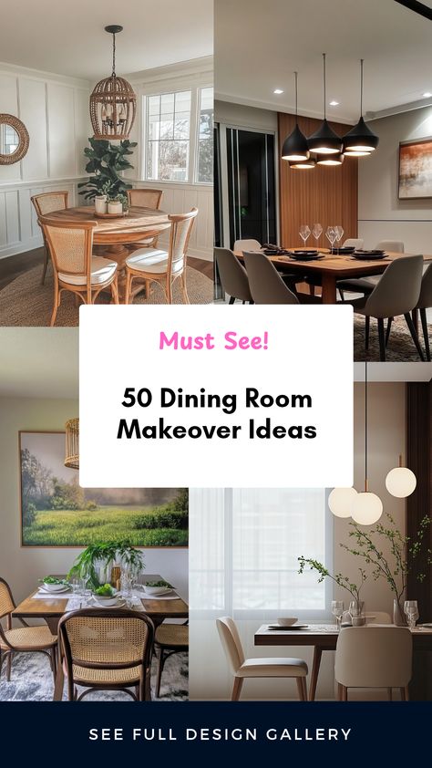 Looking to refresh your dining space? Discover 50 creative dining room makeover ideas that can completely revitalize the room. From chic furniture selections to stylish lighting and unique decor, we've got inspiration to fit any taste and budget. Whether you're aiming for a modernist feel or classic elegance, these ideas will guide you on how to arrange or update your existing pieces for a stunning result. Get tips on color palettes, artistic accents, and even DIY decorations to truly make your dining room shine. Bring warmth and style into your home with these thoughtful suggestions! Diy Dining Room Makeover, Dining Room Makeover Ideas, Room Makeover Ideas, Stylish Dining Room, Diy Dining Room, Diy Dining, Dining Room Makeover, Trendy Furniture, Classy Decor