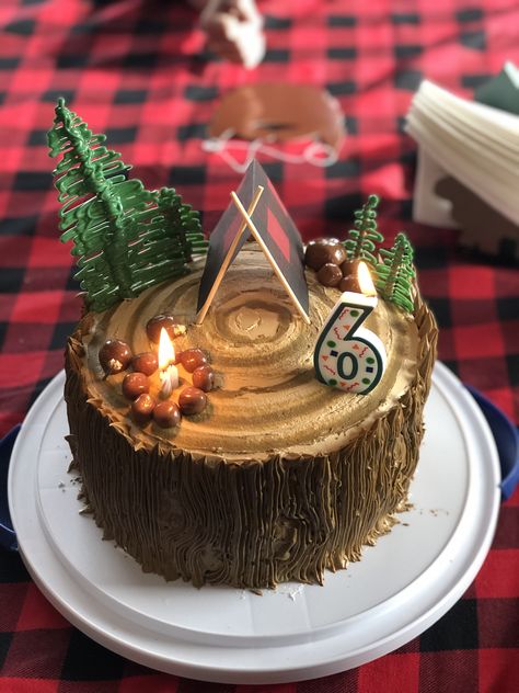 Camping Party Cake Ideas, Camping Birthday Party Cake Ideas, Survival Birthday Cake, Lumberjack Cake Ideas, Birthday Cake Camping Theme, Cabin Cake Ideas, Campfire Smash Cake, Outdoors Cake For Men, Camping Cake Design