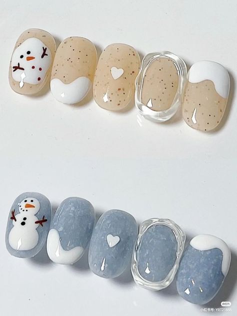 Christmas Nail Natural, Korean Nails Designs Winter, Cute Snowman Nails, Nail Art Snowman, Snowman Nail Design, Asian Christmas Nails, Winter Korean Nails, Winter Nails Korean, Nail Noel Korea