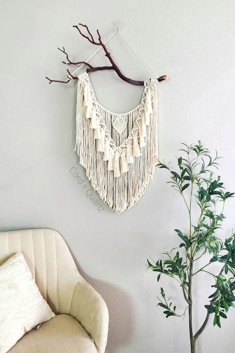 Get sneak peaks at all upcoming shop items when you follow me on IG! This macrame boho wall hanging with tassels is on a manzanita branch from my family property up in Utah. Macrame Wall Hanging With Tassels, Macrame Loop Hanger, Branch Macrame, Branch Macrame Wall Hanging, Macrame Wall Hanging With Crystals, Large Boho Macrame Wall Hanging, Hanging Macrame Wall Art, Black And Cream Macrame Wall Hanging, Asymmetrical Macrame Wall Hanging