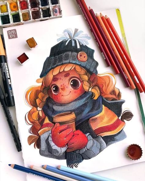 Wrapped up on a cold day by Kate P. Pencil And Watercolor, Color Pencil Illustration, Illustration Art Kids, Book Illustration Art, So Busy, Nature Art Painting, Art Drawings Sketches Creative, Color Pencil Art, Children Book