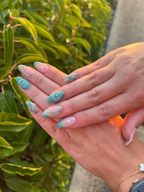 Obsessed with this green and nude nail art design. The check, the smiley face, the heart.. its so cute. Gel Nail Designs Smiley Face, Almond Nails Smiley Face, Green Smiley Face Nails, Smiley Acrylic Nails, X Smiley Face Nails, Smiley Face Nails Acrylic, Smiley Nails Acrylic, Smiley Face Acrylic Nails, Smiley Nail Designs