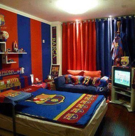 For the love of Barca Barcelona Bedroom, Boys Football Bedroom, Cool Boys Bedroom Ideas, Soccer Bedroom, Cool Bedrooms For Boys, Soccer Room, Football Bedroom, Boys Bedroom Themes, Football Rooms