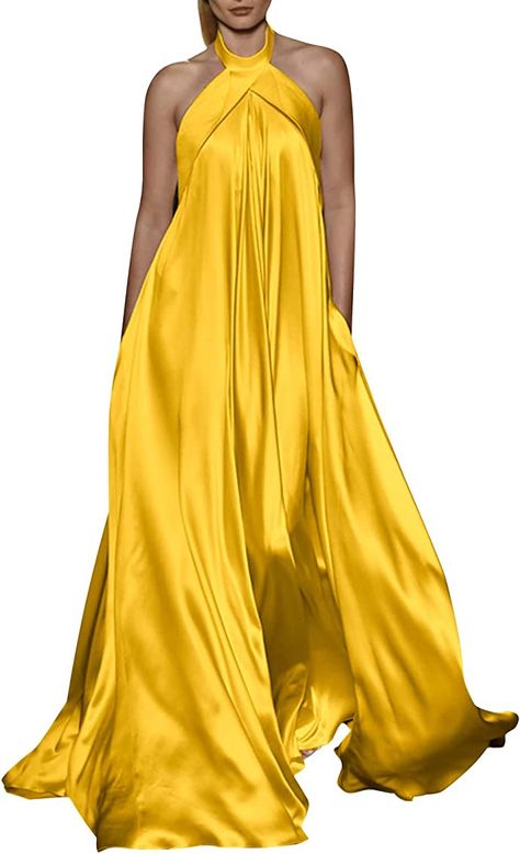 VONDA Women Halter Neck Backless Dress Sleeveless Satin Summer Maxi Dress Sexy Party Evening Gown Yellow M : Amazon.co.uk: Fashion Fashion Forcast, Yellow Halter Dress, Gown Yellow, Long Dress White, White Halter Dress, Maxi Long Dress, Party Dresses Online, Mock Neck Dress, Aqua Dress