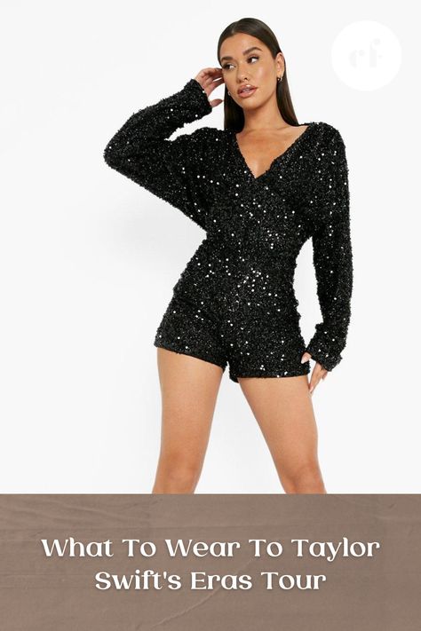 Sequin Romper Outfit With Boots, Eras Tour Cowboy Boots, Reputation Taylor Swift Eras Tour, Sequin Romper Outfit, Romper With Boots, Dress And Cowboy Boots, Glitter Romper, Eras Outfits, Velvet Bodycon Dress