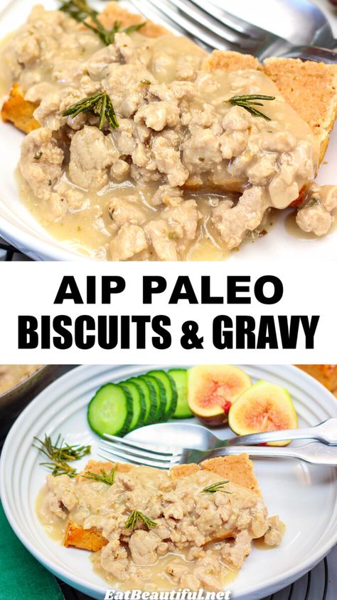 AIP Biscuits and Gravy is the comfort food main dish you've been looking for -- for breakfast, brunch or dinner. Paleo, Gluten-free. || aip biscuits and gravy | aip biscuits easy | aip biscuits cassava | aip chicken and biscuits | fluffy aip biscuits | paleo aip biscuits | biscuits and gravy recipe | aip | paleo | gluten free | aip sausage biscuits | aip beef gravy | aip gravy recipe | aip chicken gravy Aip Gravy, Aip Sausage, Aip Biscuits, Healthy Gravy Recipe, Biscuits Fluffy, Healthy Gravy, Aip Chicken, Biscuits And Gravy Recipe, Whole30 Breakfast Recipes