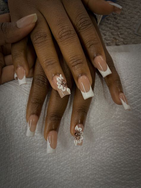 Classy bridal nails. #nails #nailart #3Dnails #nailsofinstagram #nailsdesign #nailsideas #beginnernailtech #nailtech Long French Tip Nails Square, Classy Bridal Nails, French Tips With Flowers, Boo Nails, French Tip Nails Square, Long French Tip, 3d Flower Art, Long French Tip Nails, French Tips