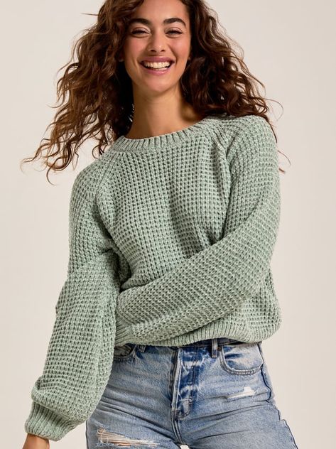 This classic chenille sweater is made with buttery soft fabric, it drapes comfortably and keeps you cozy on chilly days. The classic design makes it your new go-to for effortless comfort. Cute Trendy Sweaters, Fall Cute Sweaters, Knit Sweaters Women, Trendy Sweaters 2024, Cute Winter Sweater Outfits, Waffle Sweater Outfit, Cute Knit Sweaters, Women’s Sweaters, Sage Green Sweater Outfit