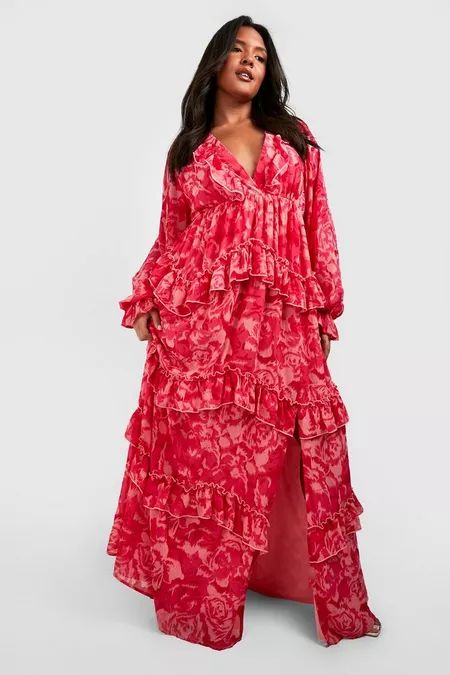 Plus Floral Frill Plunge Ruffle Maxi Dress | boohoo Plus Size Smock Dress, Work Wear Casual, Maxi Dress Collection, Ruffle Maxi Dress, Fitting Dress, Loose Fitting Dresses, Plus Size Maxi, Plus Size Wedding, Ruffled Maxi Dress