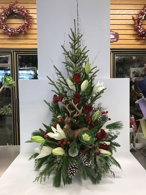 Christmas Cemetary Arrangements, Winter Flower Arrangements For Church, Christmas Candleabras, Winter Cemetary Arrangements, Christmas Arrangements For Cemetery, Winter Floral Arrangements For Church, Flower Arrangement For Church, Tall Christmas Floral Arrangements, Xmas Flower Arrangements