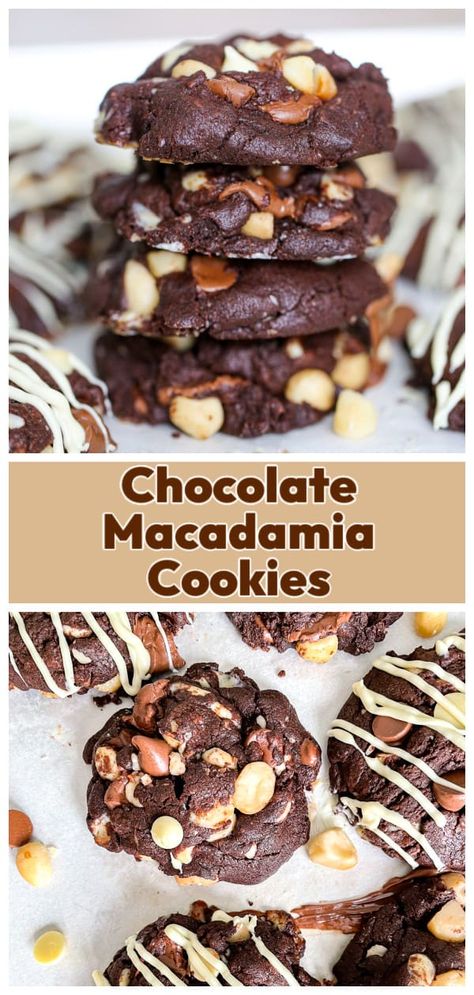 These thick and chewy Chocolate Macadamia Cookies are soft n' fudgy and loaded with buttery, crunchy macadamia nuts, white chocolate and milk chocolate chips! Double Chocolate Macadamia Nut Cookies, Macadamia Nut Desserts, Macadamia Desserts, Macadamia Recipes, Chocolate Chip Macadamia Nut Cookies, Nut Cookies Recipe, March Recipes, Macadamia Nut Recipes, Chocolate Macadamia Cookies