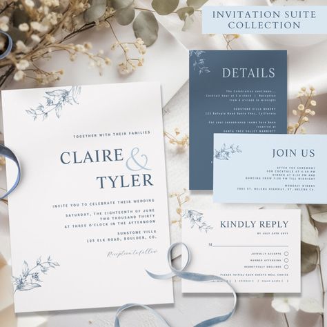 Botanical Wedding Table, Baby Blue Weddings, Minimal Wedding Invitation, Blue White Weddings, Spring Wedding Invitations, Wedding Anniversary Invitations, Wedding Enclosure Cards, Belly Band Invitation, Dusty Blue Weddings