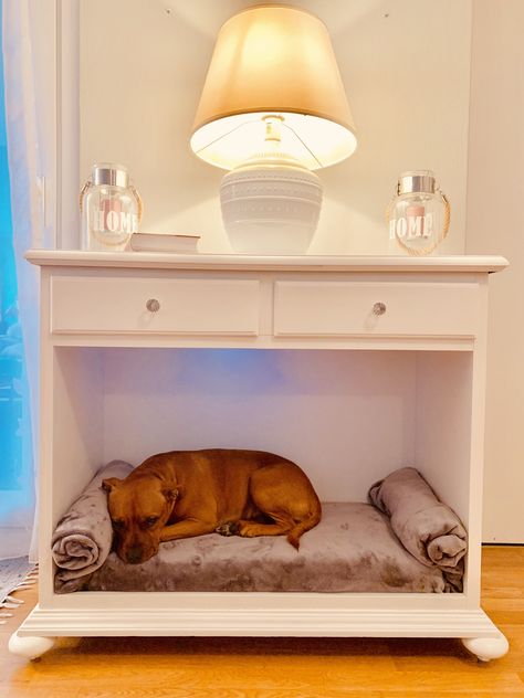 Dog Bed Lounge, Build In Dog Bed, Dog Bed Table Diy, Dog Bed Unit, Bedside Table Pet Bed, Diy Cozy Dog Bed, Side Table With Dog Bed, Dog Areas In Apartments, Dog Bed Bedside Table