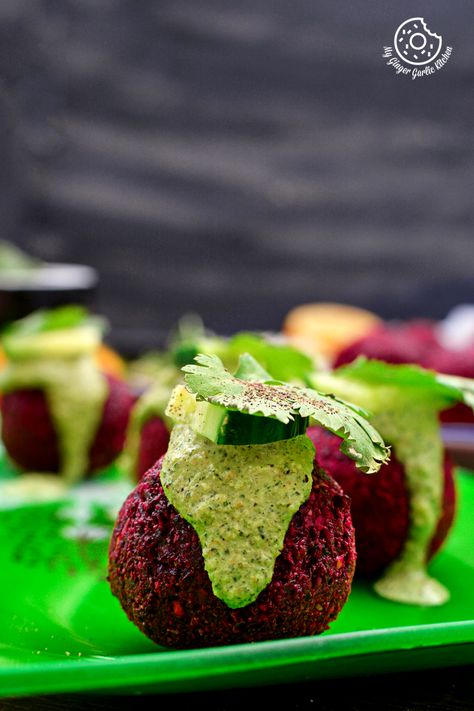 Roasted Beet Falafel With Green Tahini Dip| mygingergarlickitchen.com/ @anupama_dreams Beetroot Falafel, Roast Beetroot, Dip Video, Green Tahini, Roasted Beetroot, Tahini Dip, Beetroot Recipes, Falafel Recipe, Beet Recipes