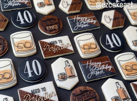 Vintage style 40th birthday cookies with black, white, wood, and gold accent colors. 40th Birthday Cookies, Bourbon Cookies, Celebration Cookies, 40th Birthday Themes, Husband 40th Birthday, 40th Birthday Men, 40th Bday Ideas, Cupcakes For Men, Custom Sugar Cookies