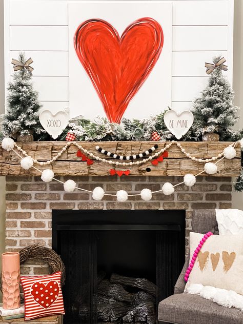 Today I am sharing my Valentine's Day mantel for inspiration, and to show y’all how I pulled some things together super easily and on a budget! #ValentinesDay #ValentinesDayMantel #ValentinesDayDecor Saint Valentin Diy, Valentines Bricolage, Valentine Coffee, The Mantle, Valentines Crafts, Fabric Hearts, Hanging Garland, My Funny Valentine, Valentine's Day Quotes