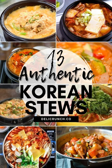 Hearty Korean stew recipes featuring a variety of ingredients like beef, pork, seafood, and vegetables cooked in a flavorful broth, jjigae is a guaranteed crowd-pleaser. From classic combinations of silky tofu and kimchi to spice-filled seafood stews, here are 13 of the best and most authentic jjigae recipes. Authentic Korean Food Recipes, Soup Recipes Korean, Asian Stew Recipes, Kimchi Stew Aesthetic, Spicy Stew Recipes, Korean Stone Bowl Recipes, Soondubu Jjigae Recipe, Korean Soups And Stews Recipes, South Korean Recipes