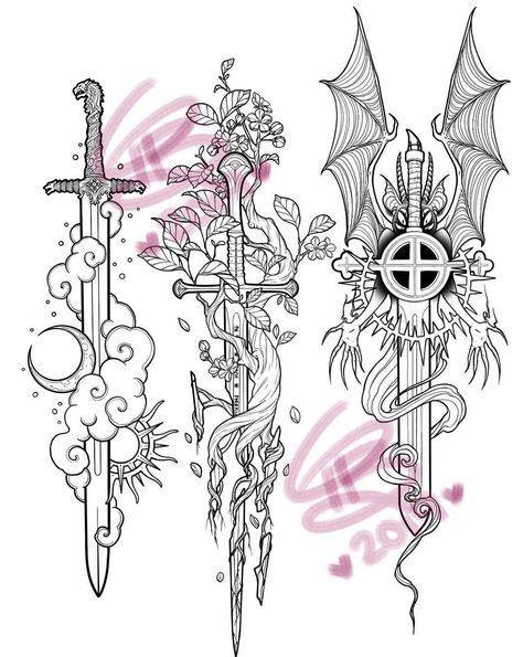 Dagger Drawing, Fantasy Blade, Muster Tattoos, Fantasy Tattoos, Inspiration Tattoos, Dagger Tattoo, Crown Tattoo, Tattoo Portfolio, Tattoo Art Drawings