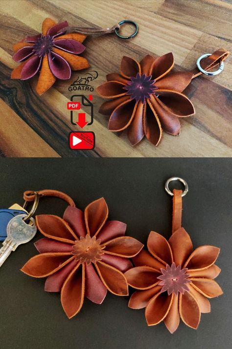 Leather Flower Patterns Templates, Leather Craft Projects Ideas, Leather Flower Pattern, Leather Crafts For Kids, Leather Products Ideas, Diy Leather Ornaments, Leather Craft Ideas, Diy Leather Flowers, Leather Card Wallet Pattern