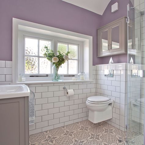 Lilac-and-white-bathroom-with-metro-tiles-4 Lilac Bathroom, Lavender Kitchen, Lavender Bathroom, Purple Bathrooms, Bathroom Themes, Bathroom Red, Bathroom Inspiration Decor, Girls Bathroom, Grey Bathrooms