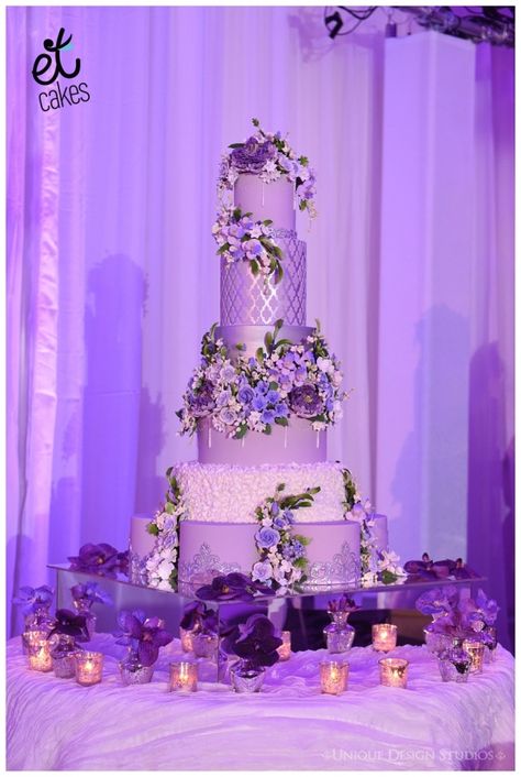 Love this wedding cake we created for Jackie Ohh Events. Photo Credit Unique Design Studios Purple Quinceañera Cake, Lilac Quince Cake, Purple And Silver Quince, Purple Debut Cake, Purple Quinceanera Cake, Purple Quince Cake, Purple Quinceanera Theme, Lavender Quinceanera Dresses, Lavender Quinceanera