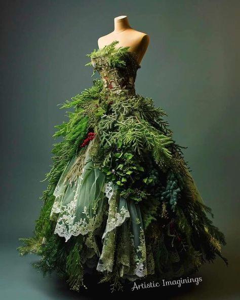 Enchanted Forest Inspired Dresses, Forest Inspired Fashion, Forest Themed Dress, Earth Goddess Dress, Nature Dress Aesthetic, Green Fairy Dresses, Mother Nature Cosplay, Dress Made Out Of Flowers, Garden Of Eden Dress