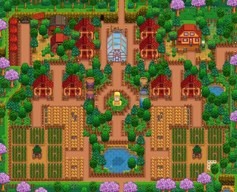 stardew valley standard farm layout inspo symmetrical easy efficient endgame aesthetic Farm Layout Stardew Valley, Stardew Valley Standard Farm Layout, Stardew Valley Guide, Stardew Valley Farm, Stardew Farms, Greenhouse Design, Stardew Valley Layout, Stardew Valley Tips, Stardew Valley Farms