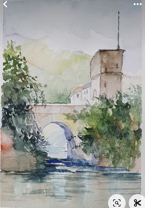 Watercolor Scenes, Loose Watercolor Paintings, French Town, Watercolor Scenery, Watercolor Art Landscape, Watercolor Paintings Nature, Watercolor Architecture, Watercolor Water, Watercolour Inspiration