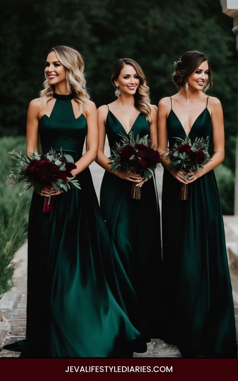 Enchanting Noir: 20 Non-Traditional Wedding Dresses for the Modern Bride - Ieva Lifestyle Blog Dark Vintage Wedding, Emerald And Black Wedding, Httyd Wedding, Mismatched Green Bridesmaid Dresses, Forest Green Bridesmaid Dresses, Emerald Green Wedding Theme, Hunter Green Wedding, Gothic Wedding Dresses, Forest Green Wedding