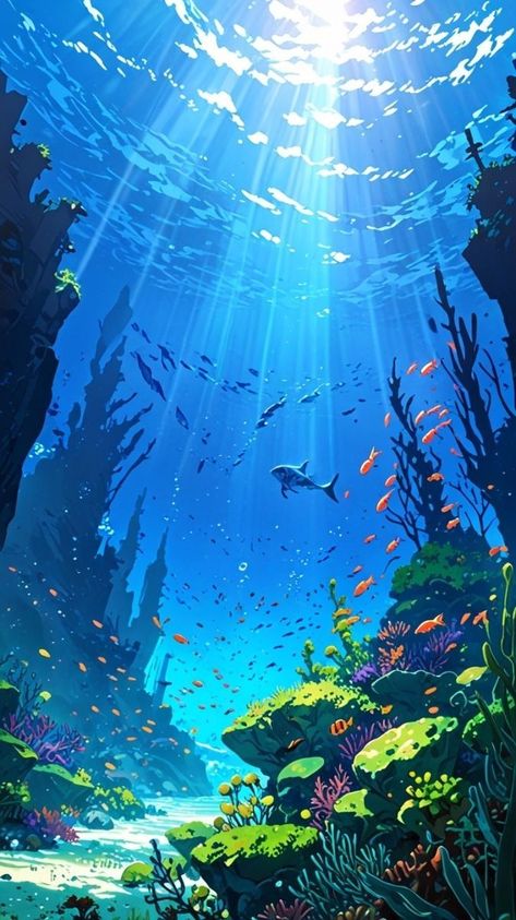 Ocean Landscape Drawing, Underwater World Art, Underwater Wallpaper, Sea Illustration, Underwater Art, Ocean Wallpaper, Cool Wallpapers Art, Landscape Drawings, Beautiful Landscape Wallpaper