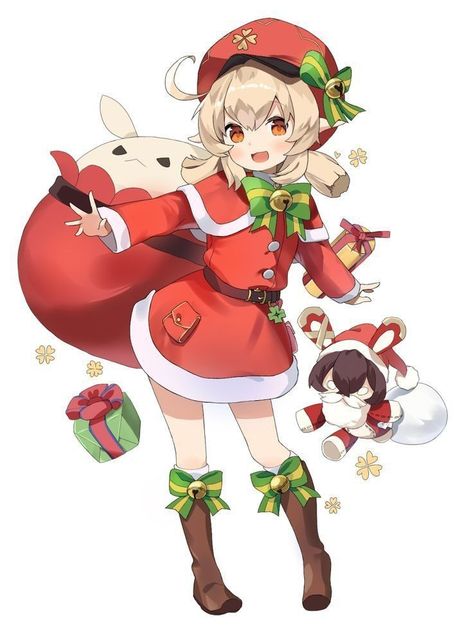 New Year Klee Christmas, Genshin Impact Christmas, Christmas Genshin, Christmas Character Design, Genshin Christmas, Red Artwork, New Year Art, Kawaii Disney, Zero Wallpaper