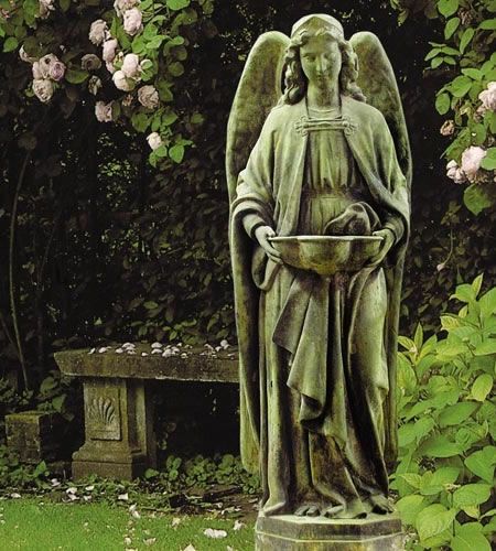 Holy Water Font Angel Outdoor Garden Religious Figurine Statue Sculpture Statuary-Home Décor-Decorations-Christian Related Gifts-Available for Sale at AllSculptures.com Cemetery Angels, Holy Water Font, Cemetery Statues, Male Angel, Outdoor Garden Statues, Angel Statue, Water Font, Garden Angels, Angel Decor