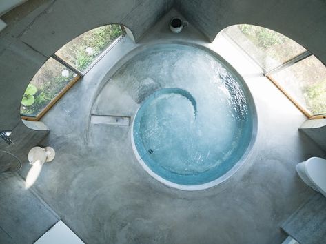 JIKKA Woodland Retreat, Shizuokam, Japan Sunken Bath, Sunken Bathtub, Sunken Tub, Wooden Hut, Roof Beam, Timber Roof, Concrete Bathroom, Japanese Architect, Shizuoka