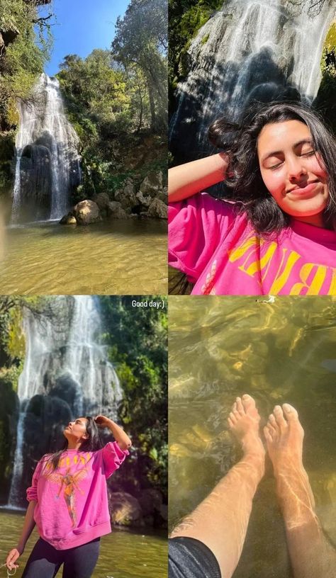 Water Fall Photo Poses, Waterfalls Photoshoot Ideas, Nature Layout Instagram, Hill Photoshoot Ideas, Poses On Mountain, Vacation Pose Ideas, Instagram Story Ideas Indian, Waterfall Photo Ideas, Instagram Layout Ideas Story