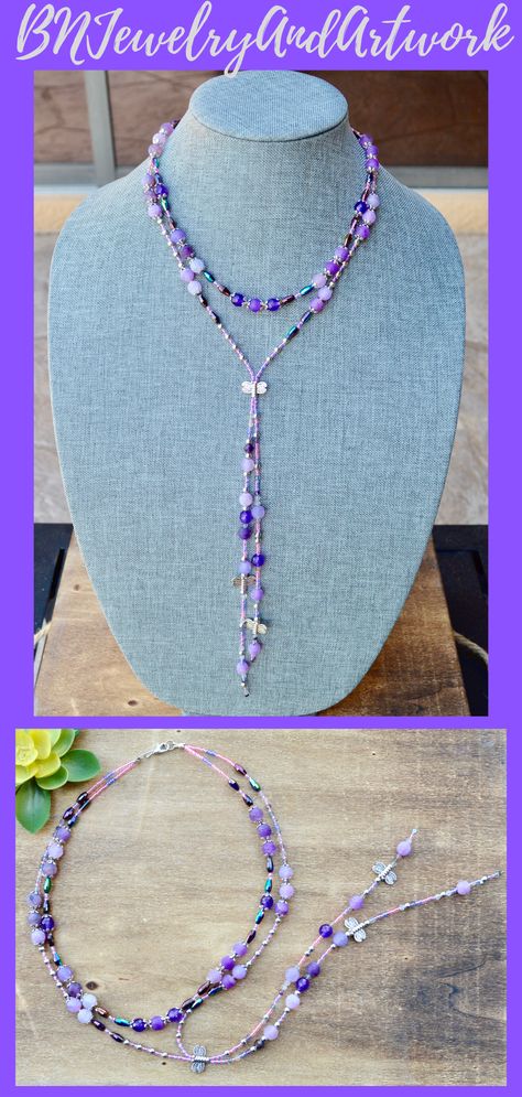 Multi-gemstone beaded necklace made of amethyst and agate purple beads. It also has pink and purple miyuki seed beads, antique silver bead caps, faceted crystal beads and three silver dragonfly beads. This is two different strand lengths the first one is 16 inches around the neck and the second one is 19 inches long. The second longer length that is 19 inches long also has a dangling 8 inches long in front hanging from the silver dragonfly bead. Bohemian Handmade Purple Beaded Necklaces, Bohemian Purple Beaded Necklace With Faceted Beads, Bohemian Purple Jewelry With Faceted Beads, Bohemian Purple Beaded Chain Necklace, Bohemian Purple Faceted Bead Necklace, Dragonfly Beaded, Miyuki Bead Necklace, Dragonfly Beads, Blue Gemstone Necklace