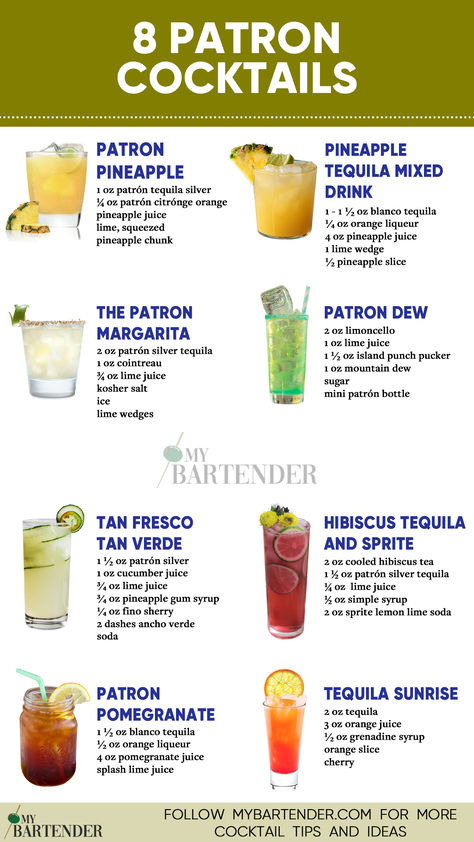 Patron Cocktails Patron Recipes Drinks, Espolon Tequila Drinks, Drinks To Make With Tequila, Tequila Infusions, Drink Recipes Tequila, Patron Cocktails, Tequila Cocktails Recipes, Easy Tequila Cocktails, Patron Drinks