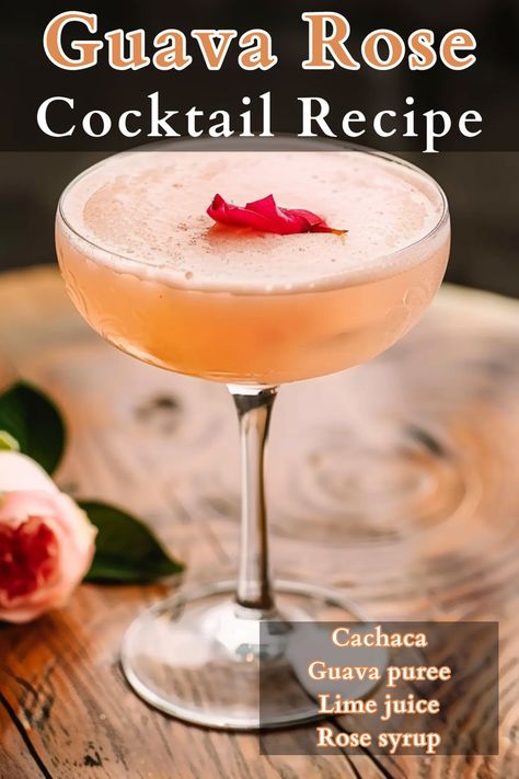 Introducing the Guava Rose Cocktail, a vibrant blend of cachaça, guava purée, and fresh lime juice, sweetened with aromatic rose syrup. This tropical and floral concoction is a celebration of exotic flavors, topped with a delicate rose petal garnish for a touch of elegance. Fresh Guava Recipes, Rose Cocktail Recipes, Guava Drink, Guava Recipes, Rose Syrup, Guava Tree, Most Popular Cocktails, Rose Cocktail, Cocktail Book