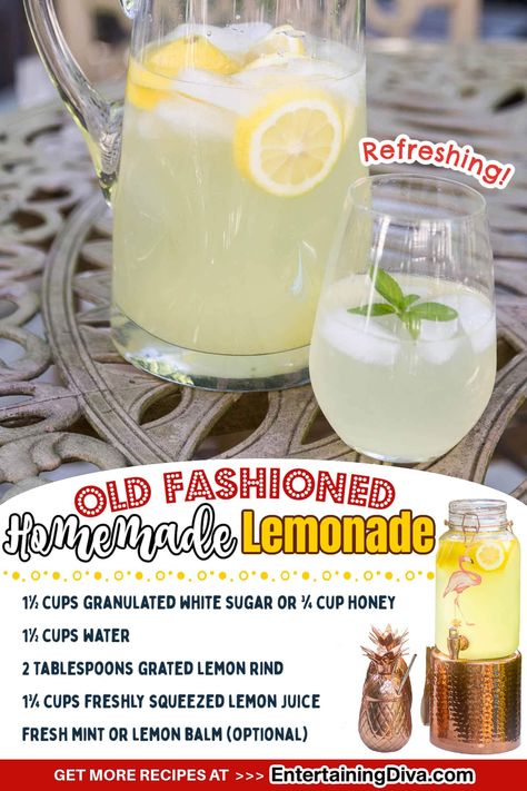 Looking for a refreshing drink to serve at a backyard barbecue? Made with fresh lemons, just like grandma's, this old fashioned lemonade recipe is sure to please! Or add some vodka to it for an adult kick. Lemonade Syrup, Old Fashioned Lemonade, Homemade Lemonade Recipe, How To Make Lemonade, Homemade Lemonade Recipes, Jello Shot, Homemade Syrup, Frozen Lemonade, Lemonade Recipe