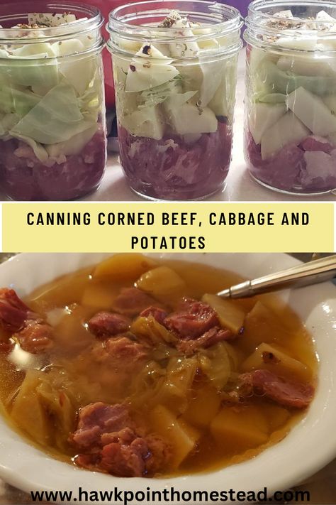 Canning corned beef, cabbage, and potatoes was something I tried for the first-time last March and loved! One of the best things I like about canning is that you can buy seasonal items on sale from the grocery store, can them, and have them on your shelves to eat year-round. It saves money and it is a great way to have food that is ready to eat, in this case, a complete meal. Turkey during Thanksgiving and of course corned beef right before St. Patrick’s Day are good examples. Canning Corned Beef, Canning Cabbage Recipes, Corned Beef Cabbage And Potatoes, Canning Cabbage, Canned Corned Beef, Easy Canning, Pressure Canning Recipes, Beef Cabbage, Cabbage And Potatoes