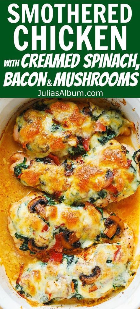 Smothered Chicken With Creamed Spinach, Chicken With Creamed Spinach, Dumplings Crockpot, Chicken Spinach Mushroom, Smothered Chicken Recipes, Creamy Mushroom Chicken, Smothered Chicken, Bacon Stuffed Mushrooms, Chicken Bake